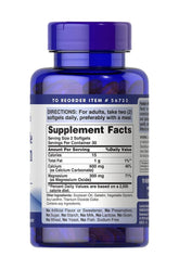 Puritan's Pride Absorbable Calcium 600 mg plus Magnesium 300 mg softgel bottle with supplement facts.